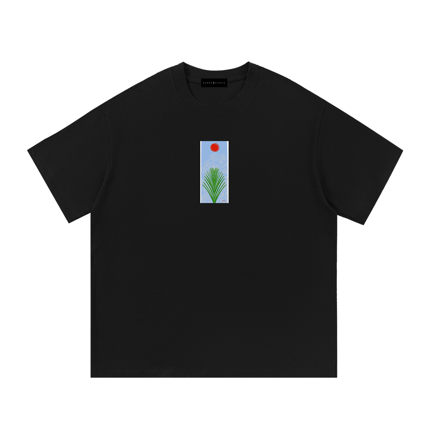 A black short-sleeve crewneck t-shirt featuring a small vertical graphic print on the center chest with a green palm frond, a red sun, and a light blue background.